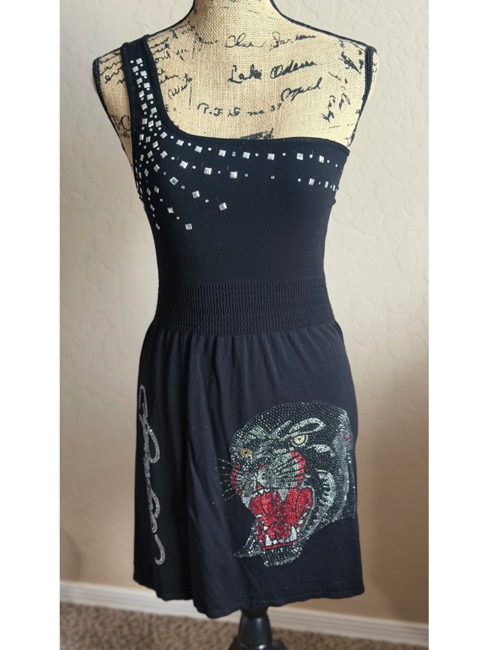 Ed Hardy Christian Audigier Rhinestone Panther Dress Y2K 2000s HTF One Size